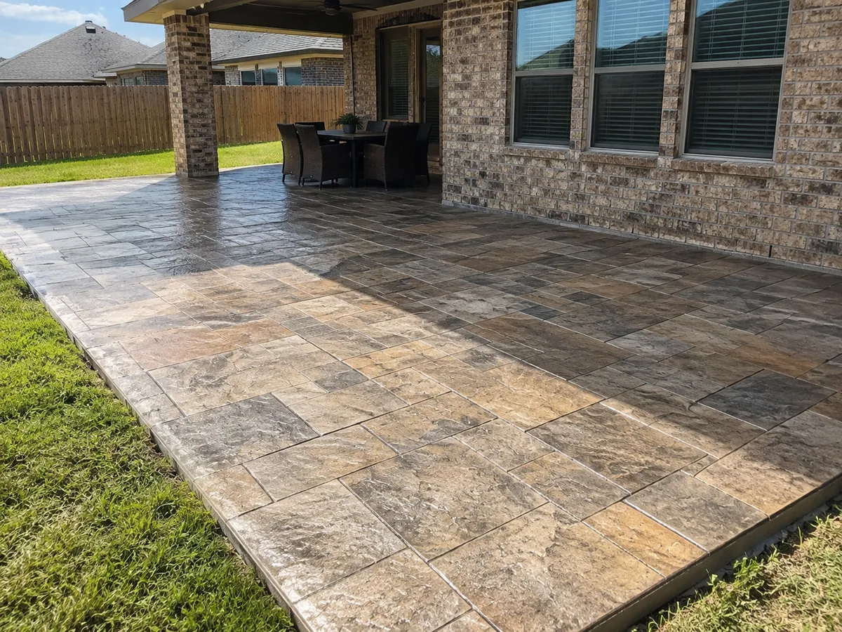 AI-generated illustration of an Ashlar slate stamped concrete patio, not a photo of the completed Oklahoma City project